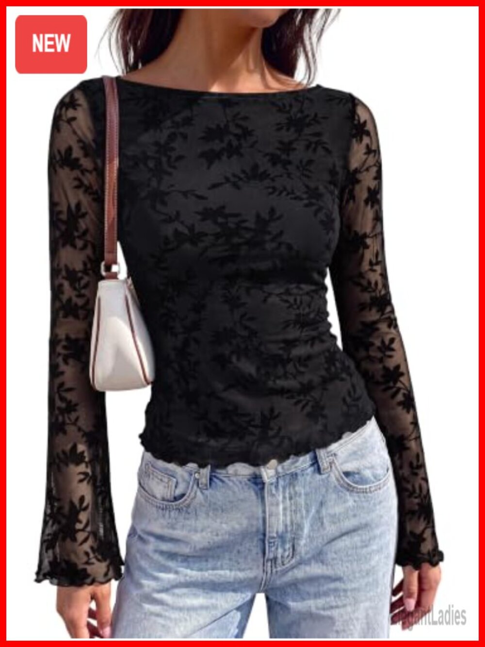 Women's Mesh Floral Top Long Bell Sleeve Boat Neck Bodycon